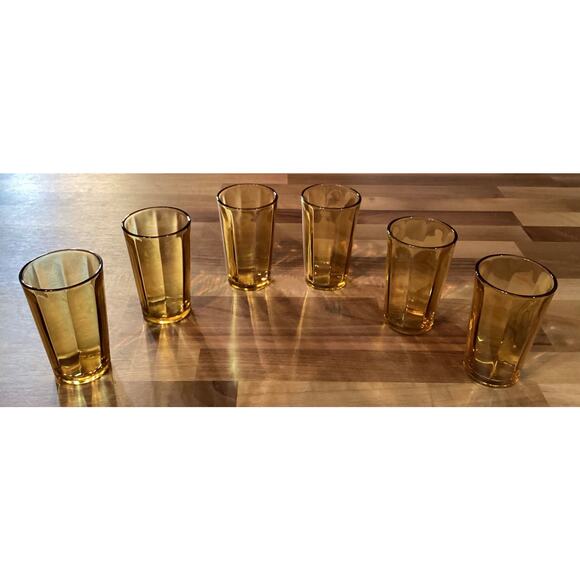 Vtg Hazel Atlas MCM 1960s Amber Glass Panel Optic Juice Tumblers 3.75” Set of 6 - Picture 3 of 9